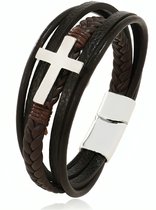 Armband Heren - Bruin Leer met Zilver kleurig Kruis - 23cm - Leren Armbanden - Cadeau voor Man - Mannen Cadeautjes