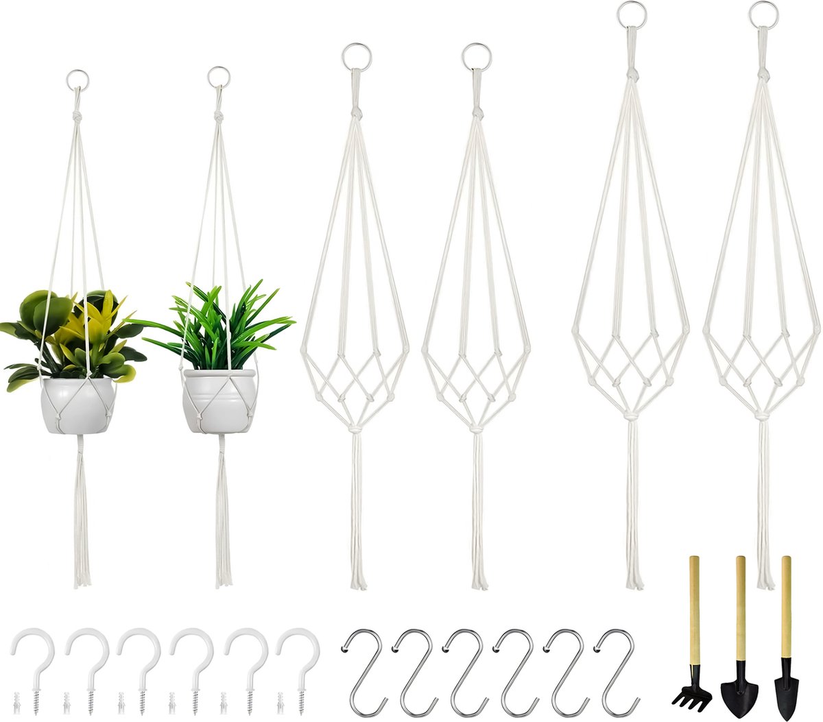 6 Stuks Macrame Plantenhangers - Boho Handgeweven Katoen Hangpot voor Binnen/Buiten - Hangende Bloempot met Kralen - Macramé Touw/Koord Hangplant Houder - Bohemian Wandhanger Decoratie - Plant Hanger - Verticale Tuin Bloempothouder Planthanger