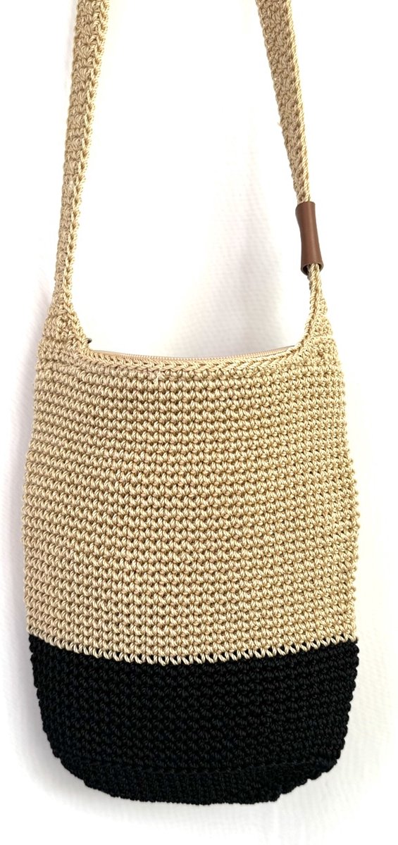 BAYUXX Bags Bali - Gehaakte tas met rits - Model BIBI - Handmade in Bali - Dames - Crossbody/ Schoudertas - Beige/ Zwart - Duurzaam