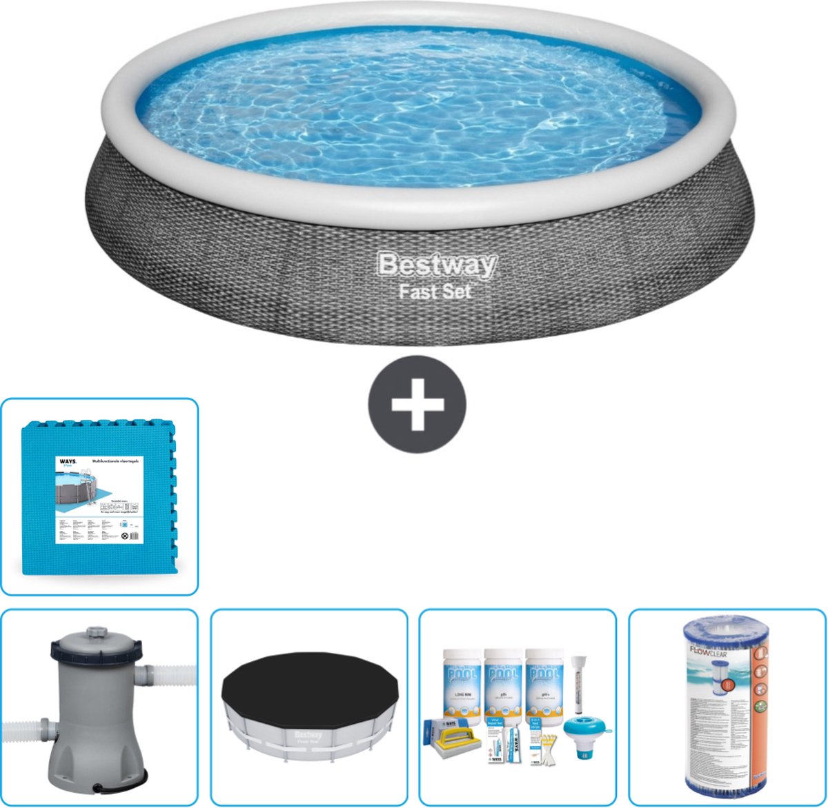 Bestway Rond Opblaasbaar Fast Set Zwembad - Rotanprint - 396 x 84 cm - Inclusief Pomp Afdekzeil - Onderhoudspakket - Filter - Vloertegels