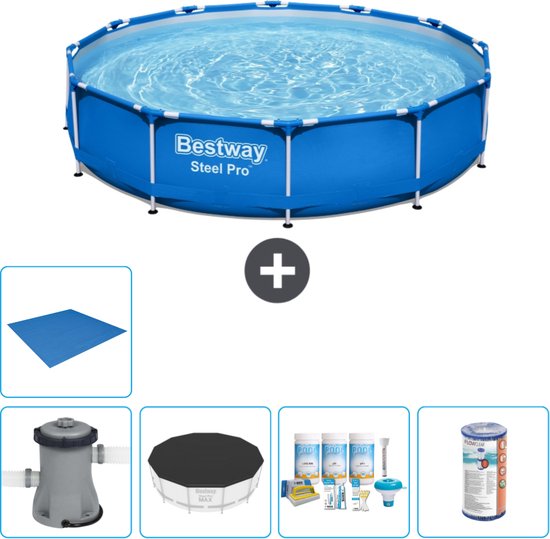 Blauw Bestway Steel Pro zwembad met toebehoren: grondzeil, filterpomp, afdekzeil, onderhoudspakket en filter.