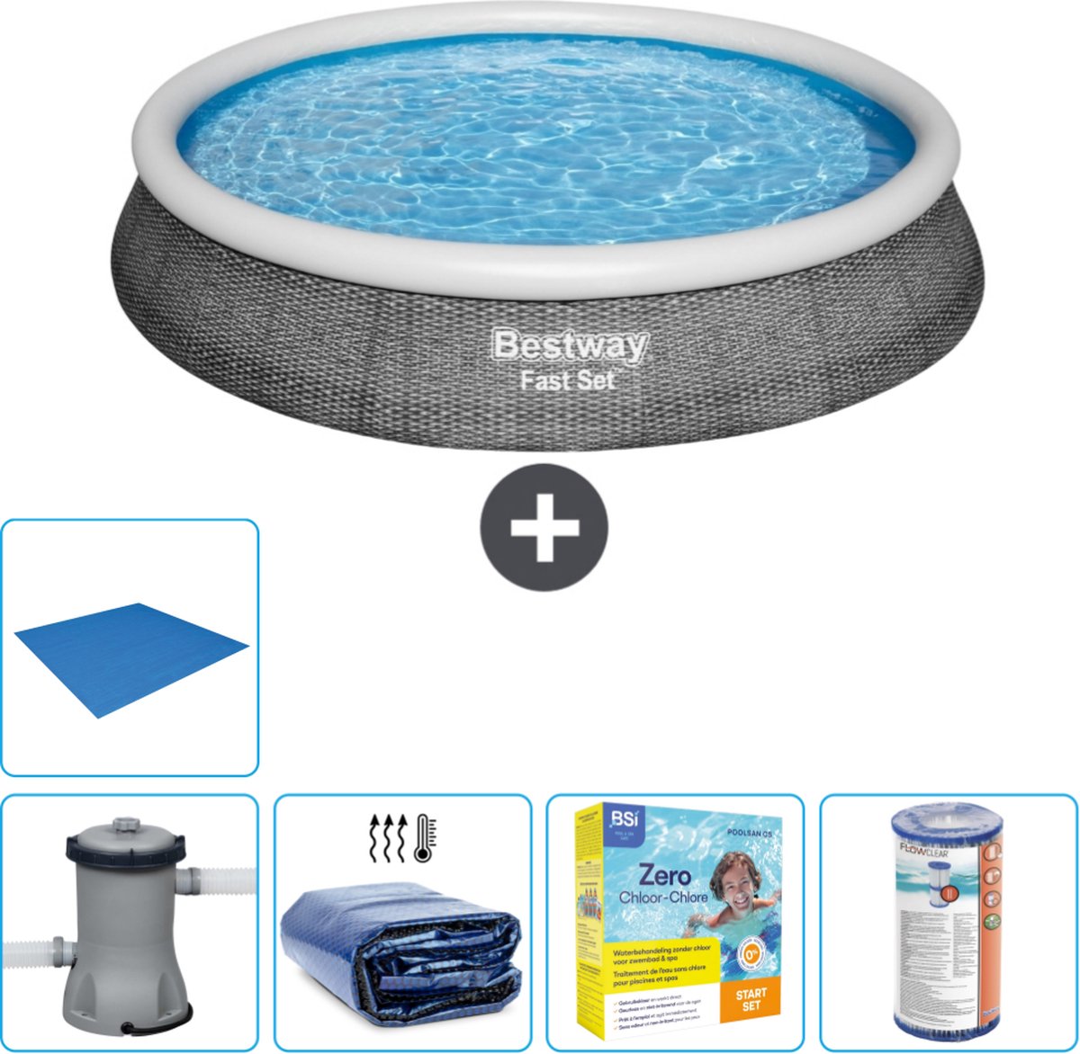 Bestway Rond Opblaasbaar Fast Set Zwembad – Rotanprint – 396 x 84 cm – Inclusief Pomp Solarzeil – Onderhoudspakket – Filter – Grondzeil