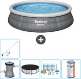Bestway Rond Opblaasbaar Fast Set Zwembad - Rotanprint - 457 x 84 cm - Inclusief Pomp Afdekzeil - Onderhoudspakket - Filter - Schoonmaakset