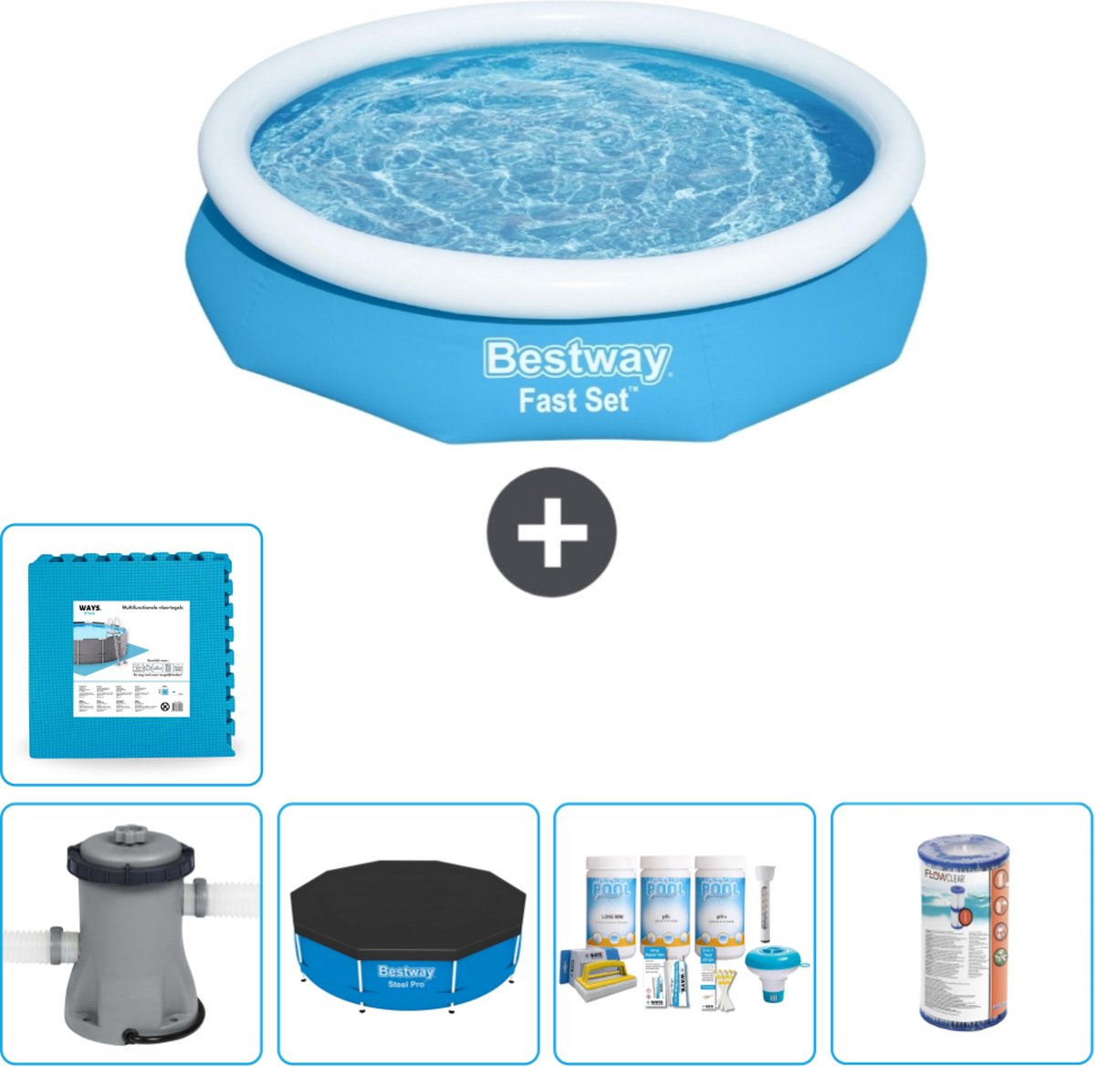 Bestway Rond Opblaasbaar Fast Set Zwembad - 305 x 66 cm - Blauw - Inclusief Pomp Afdekzeil - Onderhoudspakket - Filter - Vloertegels