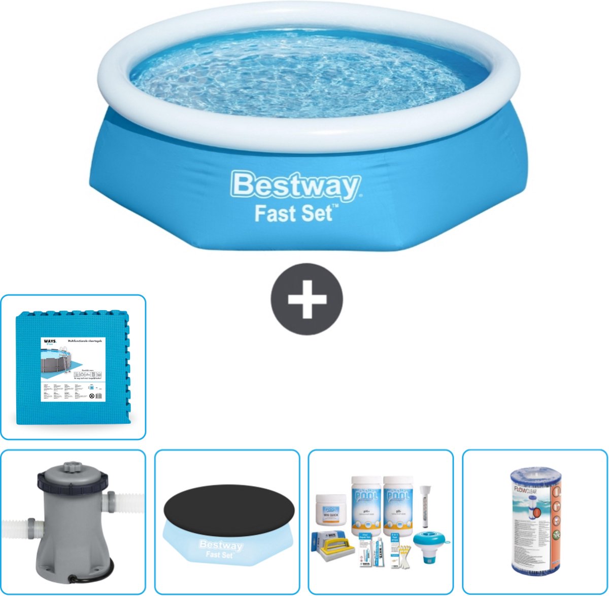 Bestway Rond Opblaasbaar Fast Set Zwembad - 244 x 61 cm - Blauw - Inclusief Pomp Afdekzeil - Onderhoudspakket - Filter - Vloertegels