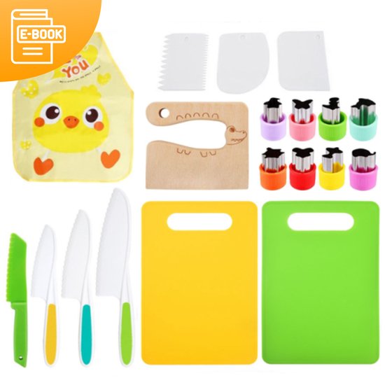 Foto: Jt products kindermessen set 19 delig inclusief e book kindermessenset kiddikutter kindermes le petit chef kinder mes koken met kinderen kookgerei kinderen kinder kookmes mes kind