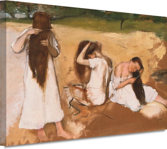 Vrouwen die hun haar kammen - Edgar Degas portret - Vrouwen wanddecoratie - Schilderij op canvas Mensen - Muurdecoratie kinderkamer - Muurdecoratie canvas - Kunst aan de muur 90x60 cm