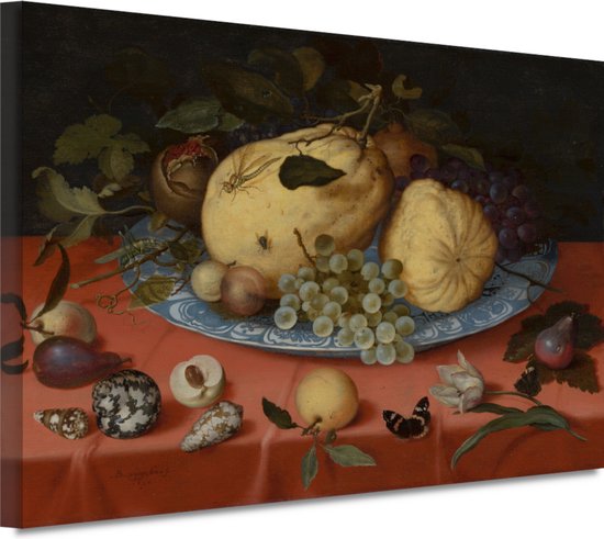 Fruitstilleven met schelpen en tulp - Balthasar van der Ast wanddecoratie - Fruit wanddecoratie - Canvas schilderij Natuur - Wanddecoratie landelijk - Canvas keuken - Kunst aan de muur 90x60 cm