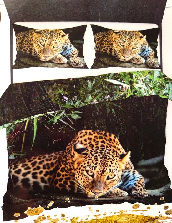 dekbedovertrek 2 personnes (housse de couette) vert/noir avec léopard/panthère sur rochers dans la jungle/nature avec plantes et feuilles de bambou LUXURY COTTON double 200 x 220 cm (idée cadeau literie)
