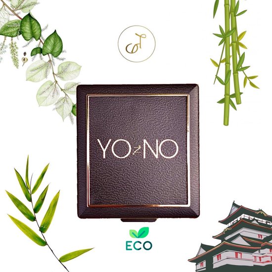 Bruine doos met "YO&NO" logo, omringd door planten en een pagode.
