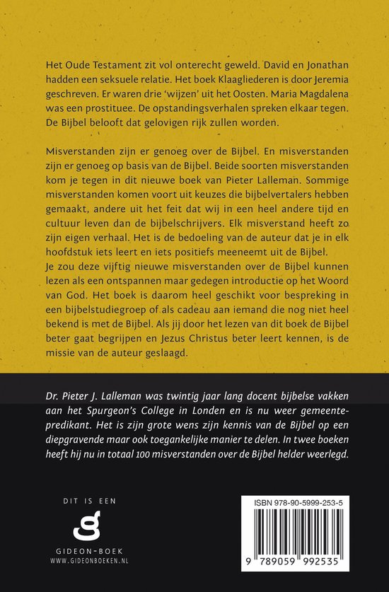 Achterkant van een boek met tekst over het Oude Testament, misverstanden en de auteur.