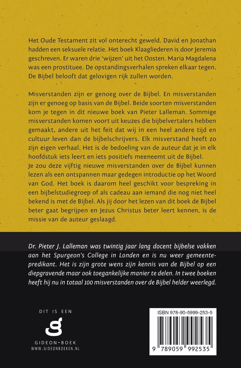 Achterkant van een boek met tekst over het Oude Testament, misverstanden en de auteur.