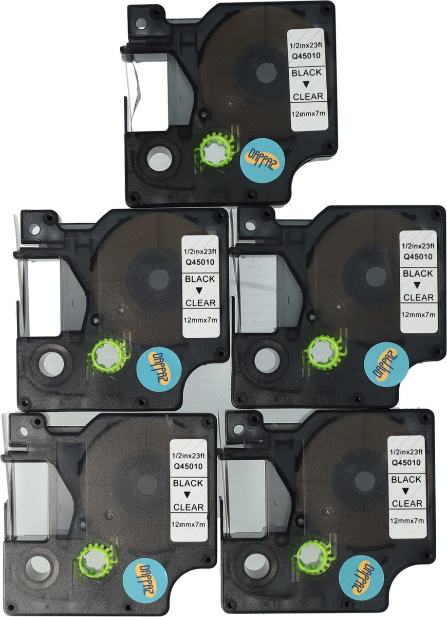 Dappaz - 5 stuks Dymo Plastic Labels D1 45010 Compatible - Zwart op Transparant - Geschikt voor Dymo LabelManager - 12 mm x 7 m - S0720500 Label Tape