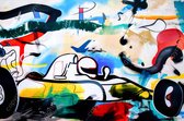 JJ-Art (Aluminium) 120x80 | Race auto in Herman Brood stijl, abstract, kleurrijk, kunst | sport, rood, wit, blauw, geel, modern | foto-schilderij op dibond, metaal wanddecoratie