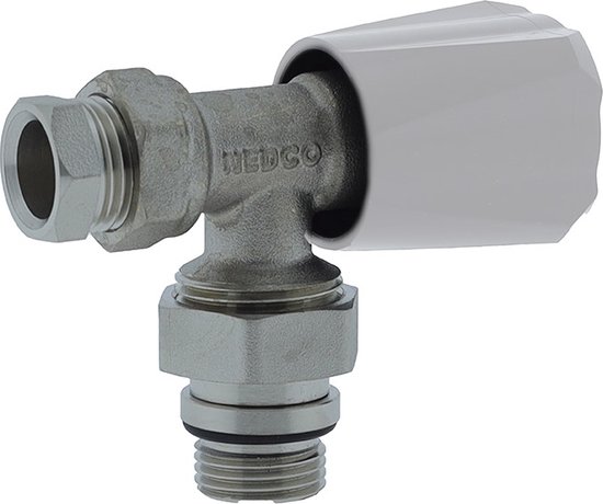 Radiatorafsluiter met witte knop en 1/2x15mm knelset. Merk: VOORWASSEN.