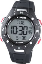 Xonix DBB-006 - Horloge - Digitaal - Unisex - Rond - Siliconen band - LCD - ABS - Cijfers - Achtergrondverlichting - Alarm - Start-Stop - Chronograaf - Tweede tijdzone - Zwart - Zilverkleurig - Rood - Waterdicht - 10 ATM