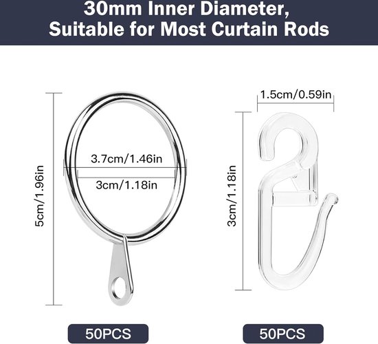 Anneaux Pour Tringle à Rideaux NIXRET Lot De 30 Anneaux De Rideaux Avec Pinces Metal Rideau Clips Crochet Pour Rideaux