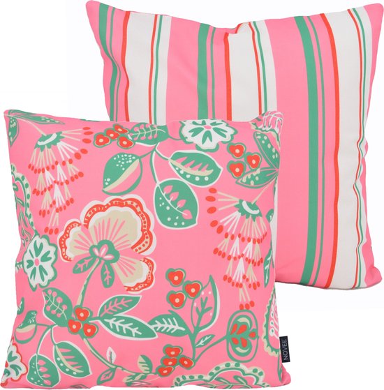 Flower / Stripe Kussenhoes - Roze | Outdoor / Buiten | 45 x 45 cm | Katoen/Polyester