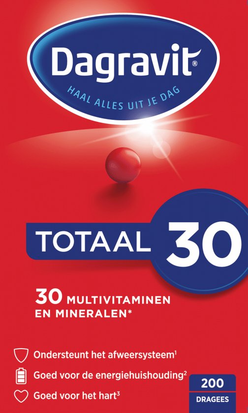 Dagravit Totaal 30, met 30 multivitaminen en mineralen. Ondersteunt het afweersysteem, goed voor de energiehuishouding en het hart. 200 dragees.