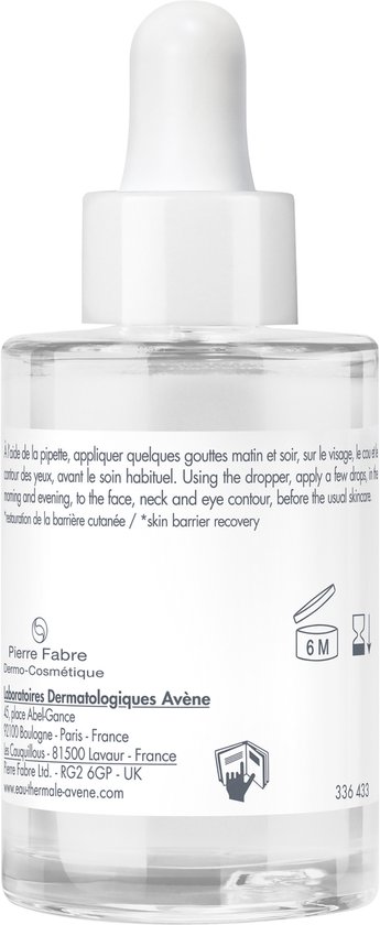 Achterkant van Avène Cicalfate+ Intensief Herstellend Serum 30ml flesje met gebruiksaanwijzing.