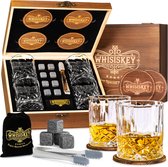Whisiskey Luxe Whiskey Set - Incl. 4 Whiskey Glazen, 8 Whiskey Stones, 4 Onderzetters, Fluwelen Opbergzak, Opbergbox - 310 ml - Whisky Geschenkdoos - Glas - Herbruikbare IJsblokjes