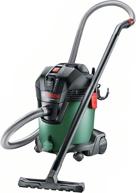 Bosch AdvancedVac 20 ketelstofzuiger met grijze slang en zwarte steel, op een witte achtergrond.