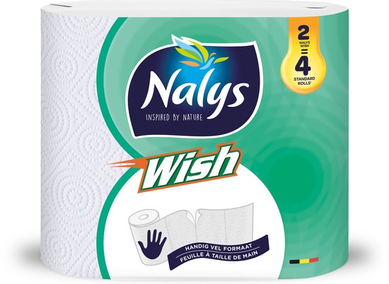 Essuie-tout Nalys Wish avec 2 rouleaux standard. Emballage vert avec logo blanc et bleu.