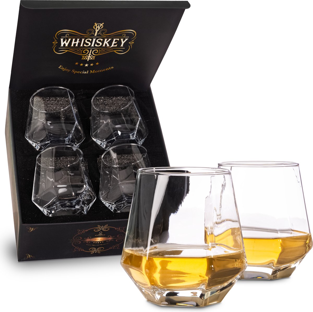 Whisiskey - Whiskey Diamond glazen - 4 whiskey Glazen - 310ml - Whiskey glazen set - Waterglazen - Drinkglazen - Glas - Cadeau voor Man & Vrouw