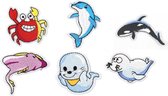 Zeedieren Strijk Embleem - Set van 6 - Zeehond - Krab - Orka - Rog - Vis - Patches - 6 Stuks - Patchwork - Strijkembleem - Stofapplicatie - Zeedieren - Versiering voor kleding - Leuk Cadeau-