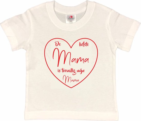 T-shirt Kinderen "De liefste mama is toevallig mijn mama" Moederdag | korte mouw | Wit/rood | maat 134/140