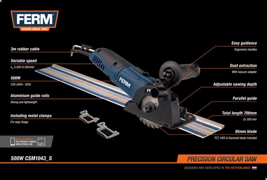 FERM - CSM1043_S - Precisie invalzaag - set - Mini-cirkelzaag - 500W - Ø85mm - Variabele snelheden - 3500 t/m 6500 tpm - Instelbare - Zaagdiepte: - 22mm - Met: - Geleiderails - Stofadapter - 3 zaagbladen: - Kunststof - Hout - Keramiek - Opbergkoffer