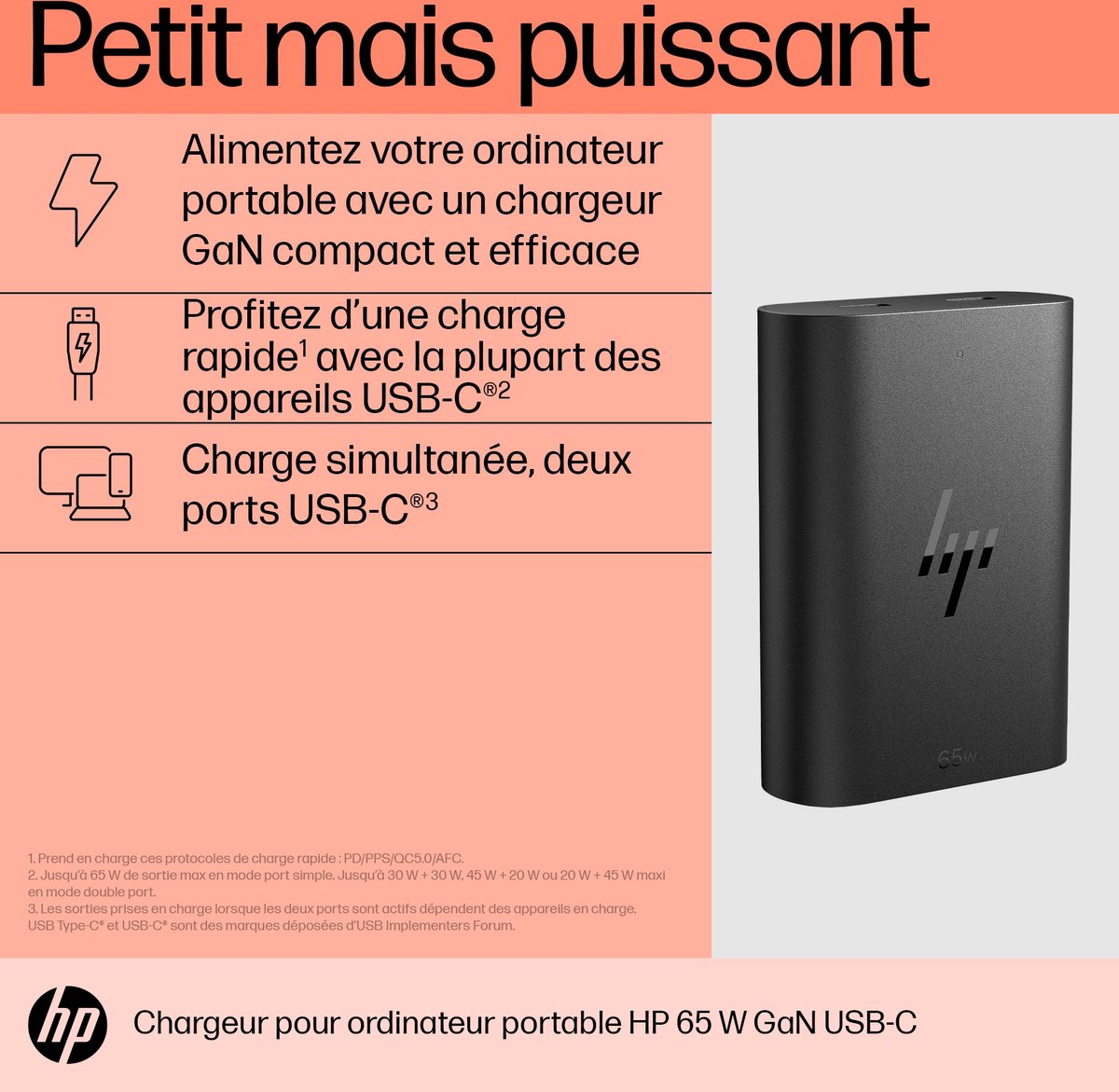 Chargeur d'ordinateur portable HP 65W GaN USB-C