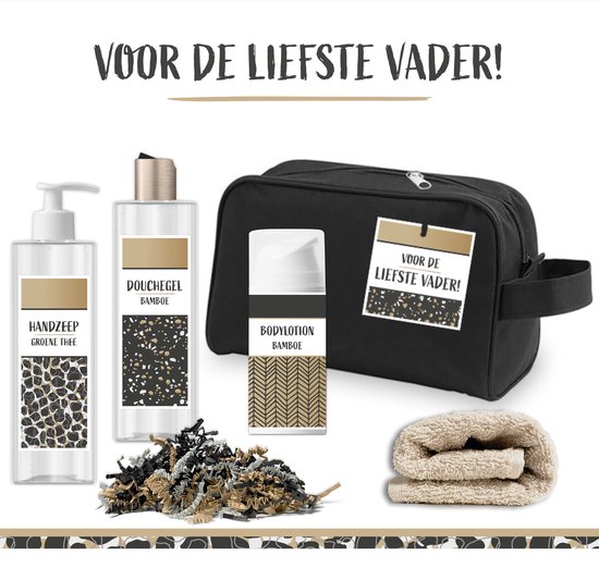 Geschenkset "Voor de liefste Vader" - 5 Producten - 700 Gram | Luxe Wellness pakket - Toilettas zwart - Cadeau voor hem - Verzorgend Cadeau Pakket Man - Vaderdag - Verjaardag - Bedankt Cadeau - Giftset Papa - Douchegel bamboe - Deodorant - Handzeep