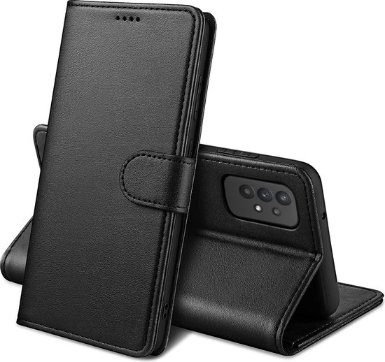 Étui de téléphone en cuir noir fermé et déplié, avec fermeture magnétique.