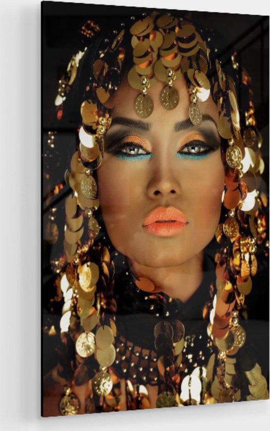 Woon Deco - Glasschilderij 80x120cm – Schilderij Gehard Glas - Golden Elegance – Vrouw - Zwart - Goud - Portret - Foto op glas - Muurdecoratie woonkamer - Wanddecoratie slaapkamer - Schilderijen