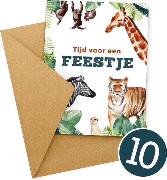 10x Uitnodiging kinderfeestje + Enveloppen | Uitnodiging verjaardag | Jongen of meisje | Uitnodigingskaarten + kraft envelop | Verjaardag Feest | Dieren