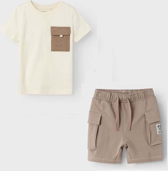 Name it - Set T-shirt ecru + Short beige - Maat 86