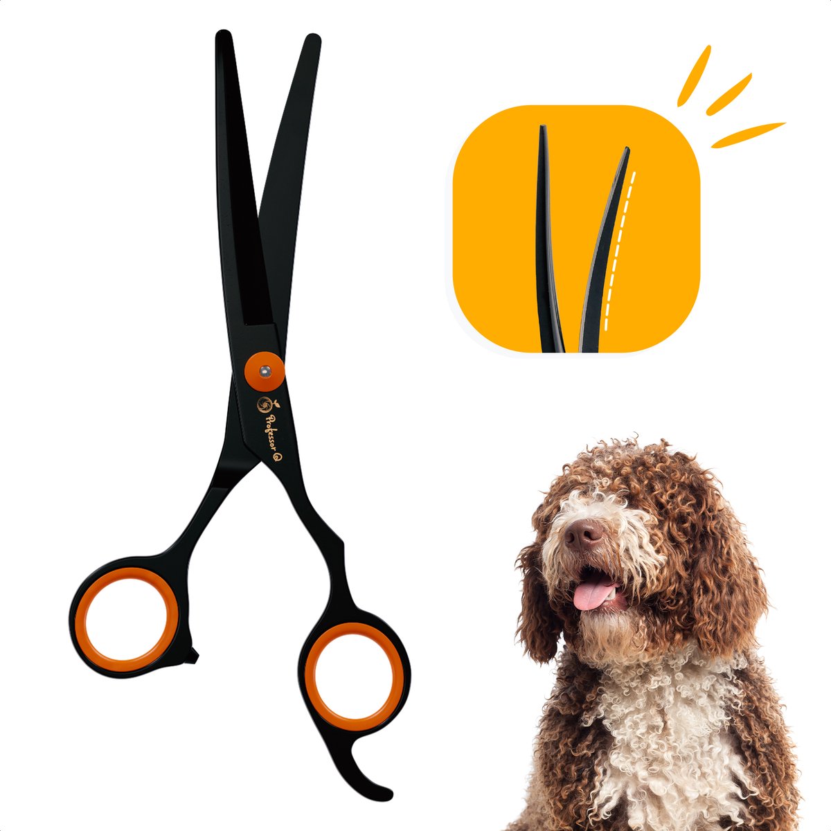 Professionele Hondenschaar - Trimschaar Ergonomisch Krom Rechts - Vachtverzorging Pootverzorging voor Langharige Honden - Oranje/Zwart
