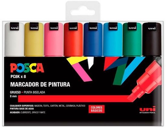 UNI Posca Set PC 8K Basic, verpakking met 8 viltstiften