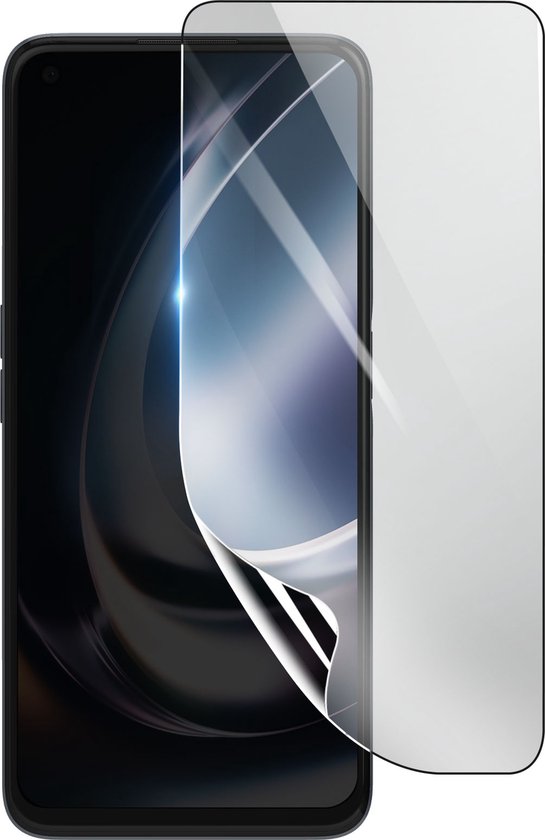 Transparante screenprotector wordt op een zwarte smartphone geplakt.