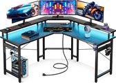 Bureau de Gaming Lugia Pro - Bureau d'angle en forme de L - 130 cm x 78 cm x 48 cm - Lumières LED - Résistant aux rayures - Support pour moniteur - Prise de courant - Bureau de Gaming