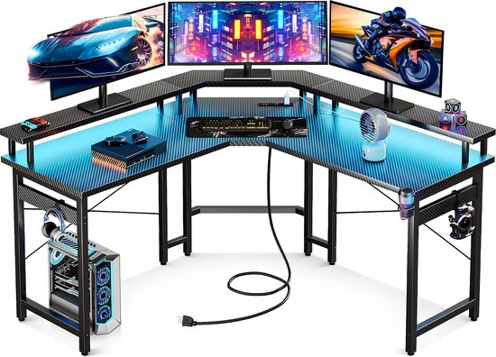 Lugia Pro Gaming Bureau - L Vormig Hoekbureau - 130cm x 78cm x 48cm - Led Verlichtingen - Krasbestendig - Monitor Stand - Stopcontact - Gaming Desk