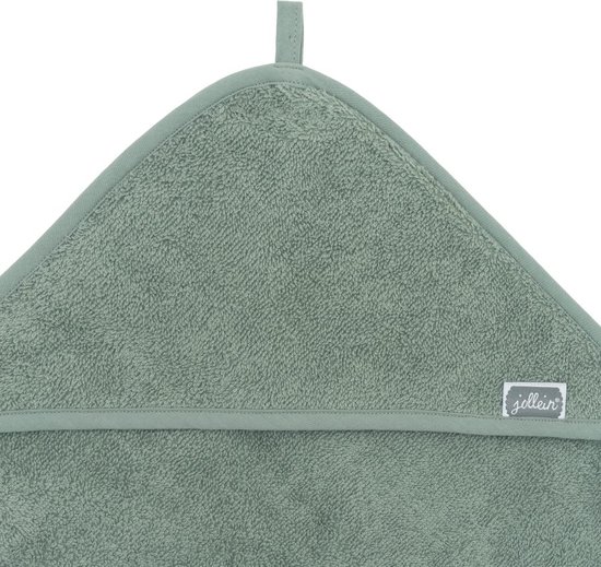 Close-up van een groene badcape van badstof katoen met 'Jollein' label.
