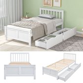 Houten bed, eenpersoonsbed, jeugdbed, bed voor volwassenen, met lades voor opbergruimte, grenen frame, wit (90x200cm)