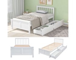 Houten bed, eenpersoonsbed, jeugdbed, bed voor volwassenen, met lades voor opbergruimte, grenen frame, wit (90x200cm)