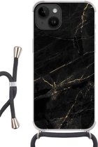 Geschikt voorApple Iphone 14 - Crossbody Case - Marmer print look - Luxe - Zwart - Goud - Siliconen - Crossbody - Backcover met Koord - Telefoonhoesje met koord - Hoesje met touw