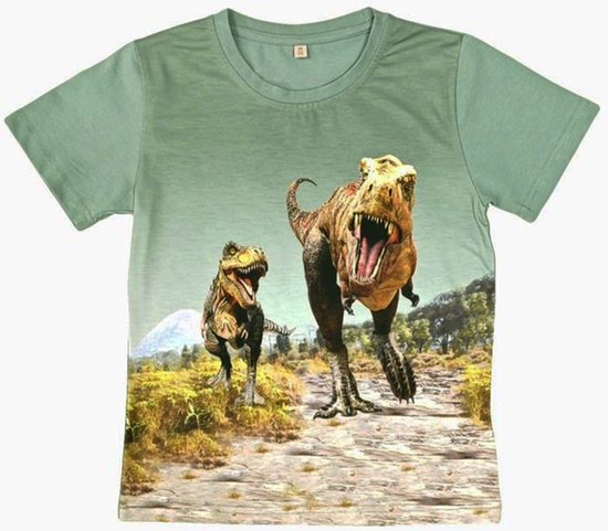 T-shirt met dino's, groen, full colour print, kids, kinder, maat 146/152, dinosaurus, stoer, mooie kwaliteit!