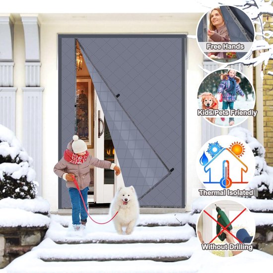Ceblish Magnetisch warmtewerend gordijn voor deuren, thermisch deurgordijn, isolerend gordijn, isolerend gordijn, waterdicht, winddicht, koudebescherming, huisdiervriendelijk, grijs (100 x 220 cm