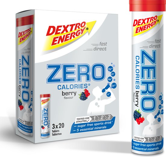 Foto: Dextro energy zero calories berry elektrolyten drank herstel hydratatie suikervrij makkelijk op te lossen in 500ml water 3x20 tabs