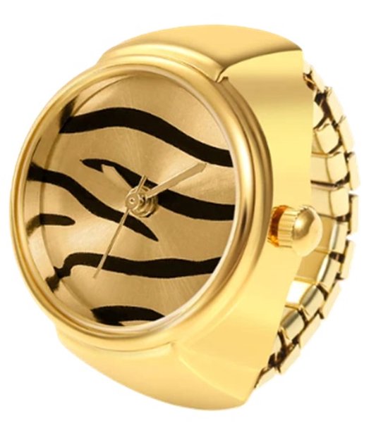 Ring horloge rekbaar goudkleurig tijgerprint - goud - 2 cm dial - one size - I-deLuxe